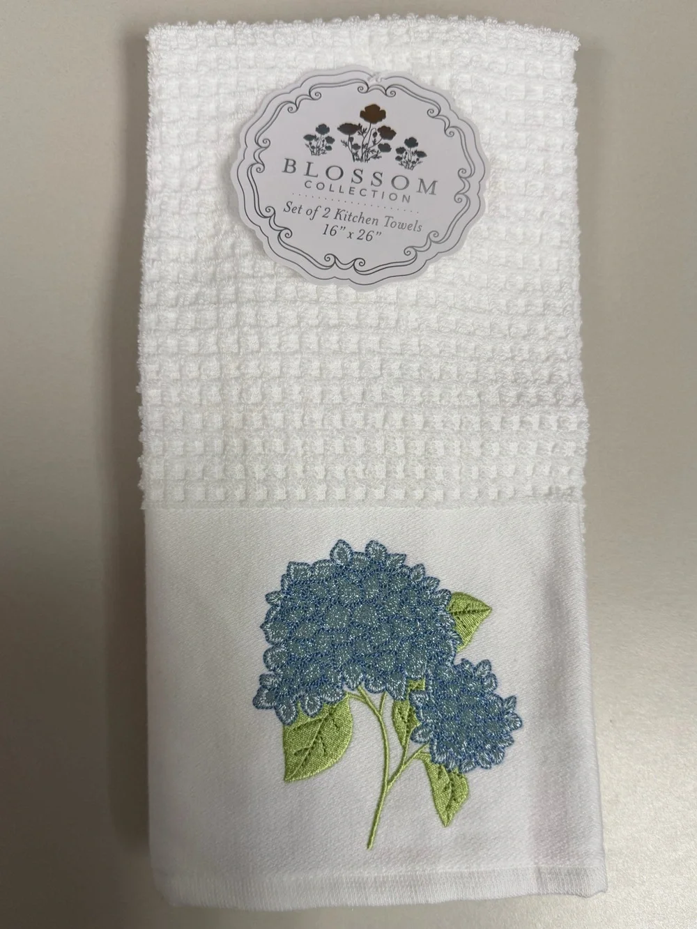 BC White Blue Green Embroidered Hydrangea Bouquet Patch Waffle Tea Towels